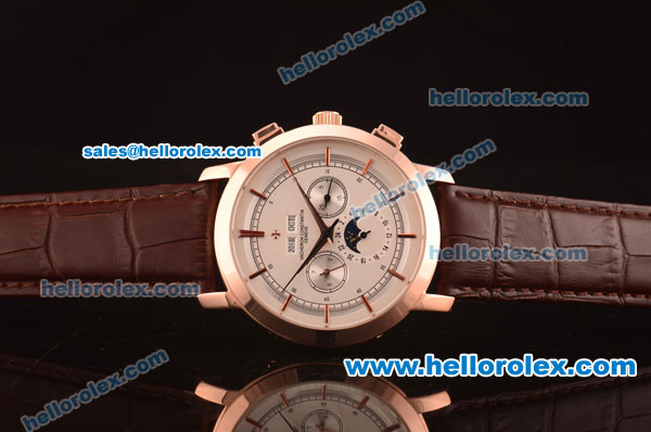 Vacheron Constantin Automatic Rose Gold Case with White Dial and Brown Leather Strap - Click Image to Close